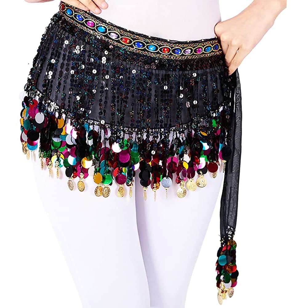 Belly Dance Hip Scarf Black for Women Dancing Costume Coin Belt Skirt (Black) One Size