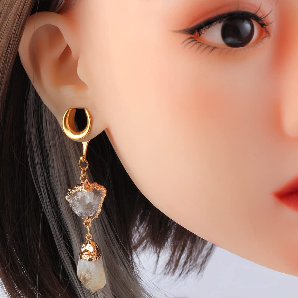 Earblity 10mm (00g) Natural Stone Dangle Saddle Ear Plugs Tunnels Weights Gold Hypoallergenic Stainless Steel Flesh Piercing Ear Gauges Expander For Women Body Jewelry 2PCS