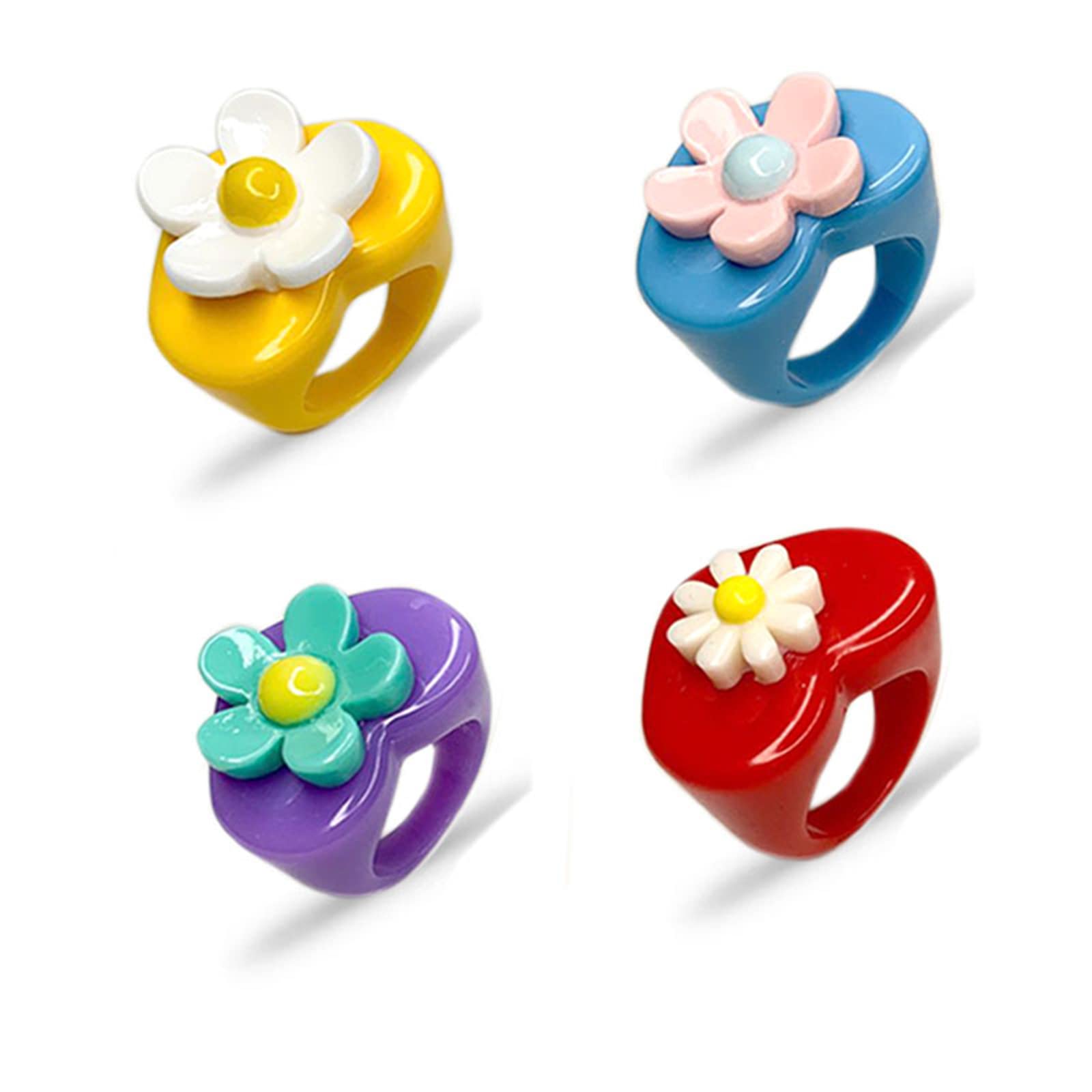 WCRAZYE 4Pcs Trendy Love Heart Resin Chunky Rings Boho Beach Rings Statement Transparent Acrylic Stackable Rings Cute Colorful Y2k Joint Finger Knuckle Ring Daisy Flower Rings for Women (4Pcs Colorful Flower Rings)