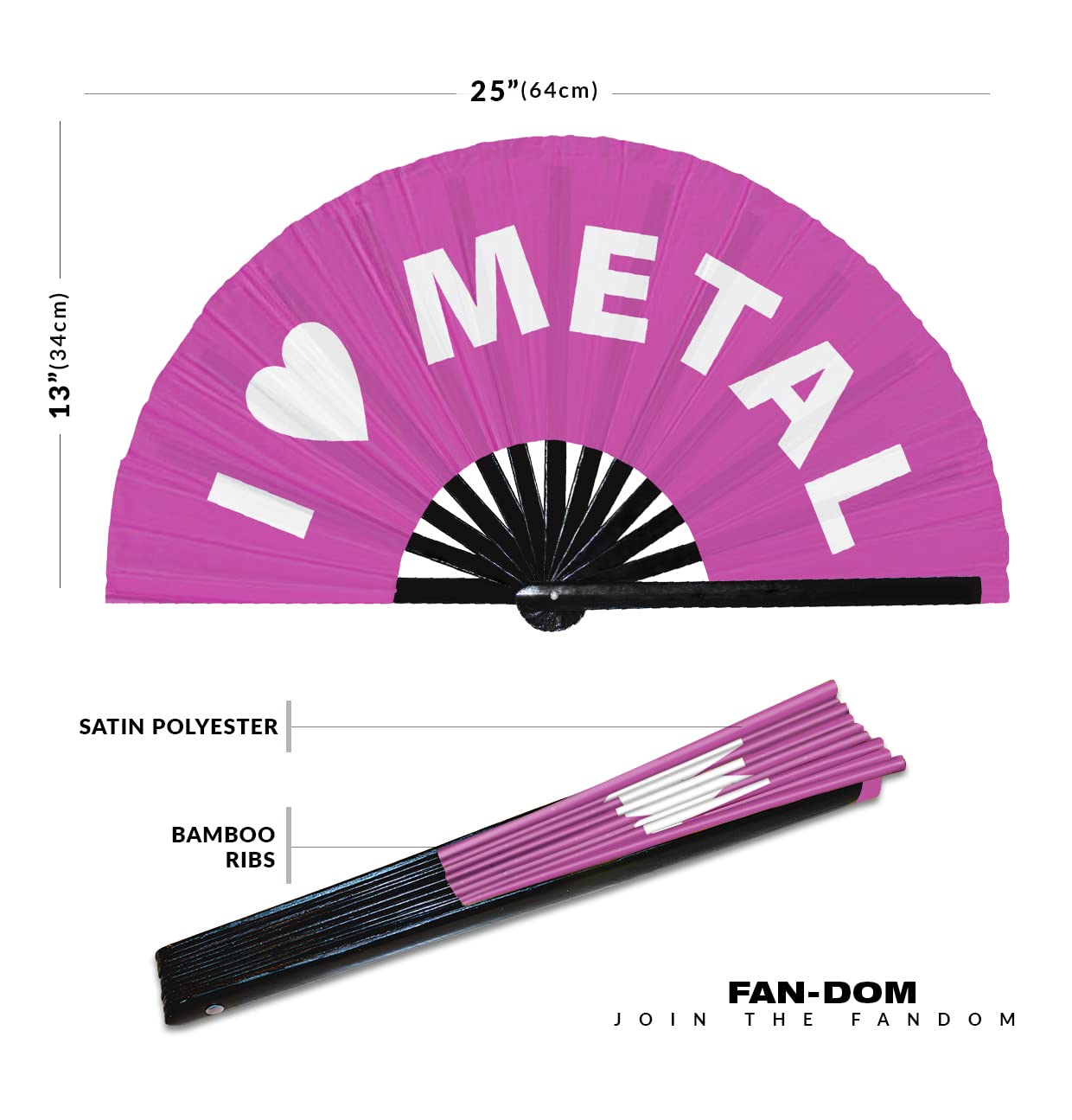 I Love Metal Hand Fan Foldable Bamboo Circuit Rave Hand Fans Heart Music Genre Rave Parties Gifts Festival Accessories (Pink)