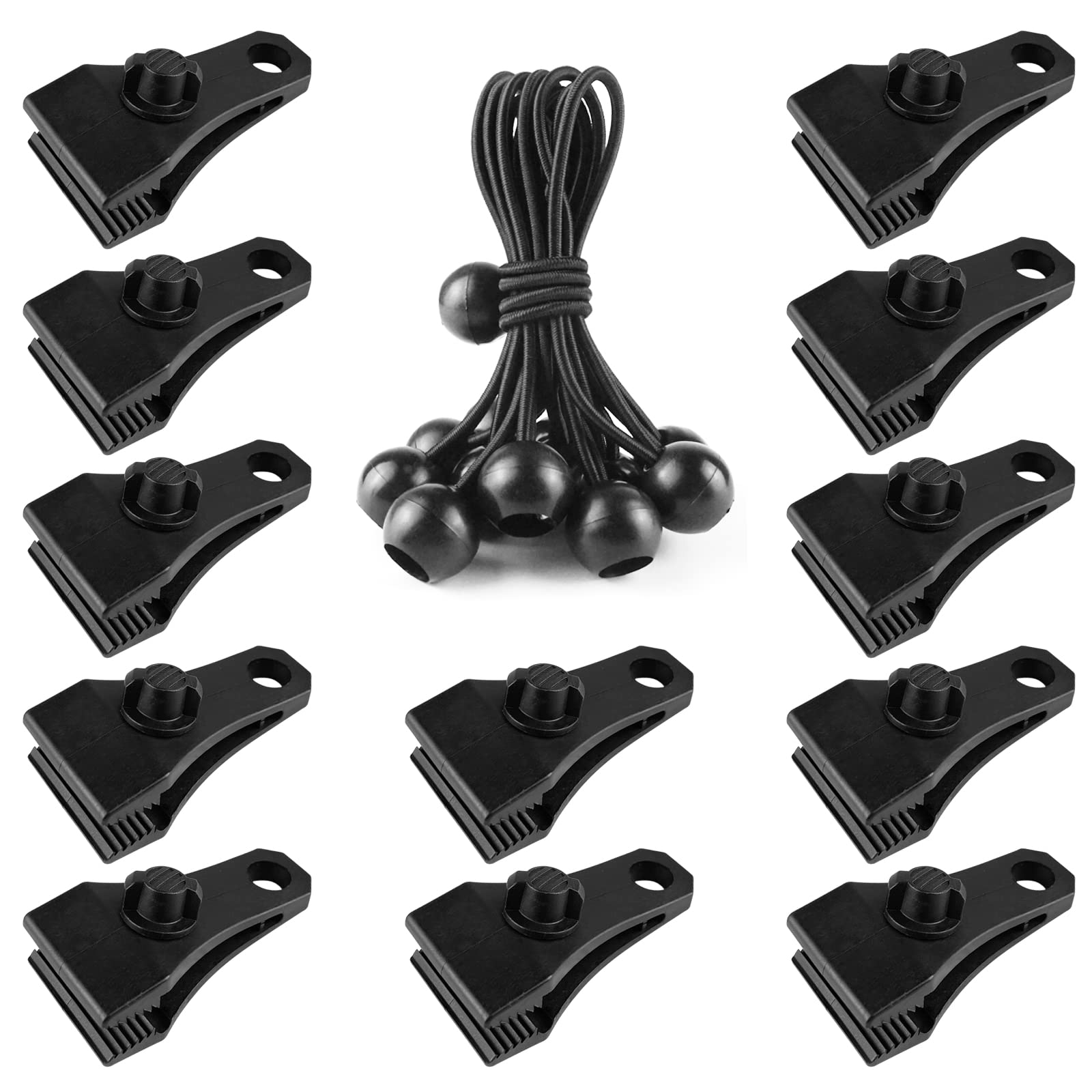 Large Tarp Clips Heavy Duty Lock Grip 12 PCs Tarp Clamps Thumb Screw Tent Fasteners Clips with 12 PCs Ball Bungee Cords for Camping Awnings Caravan Canopies Car Swimming Pool Boat Cover Clips etc