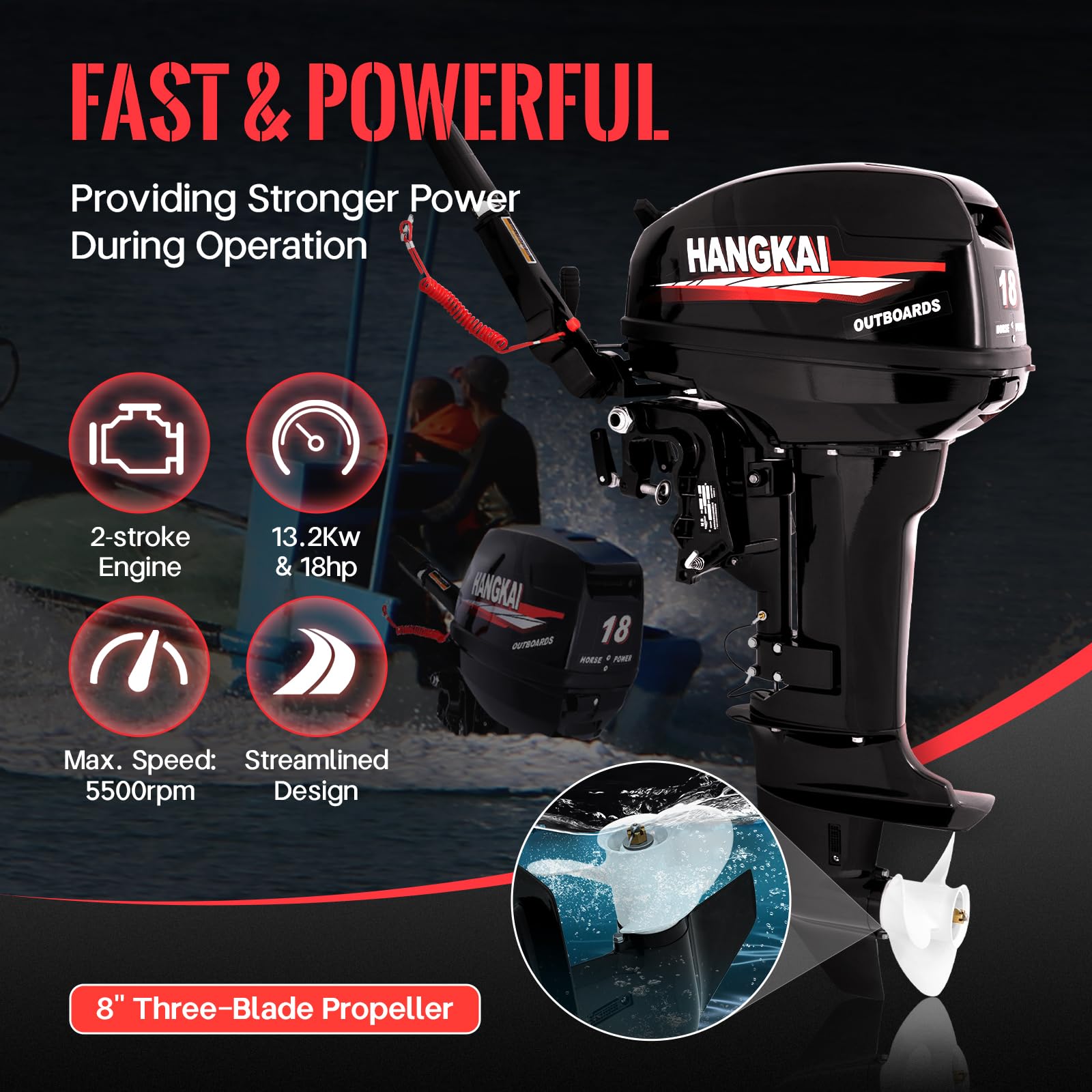 2 Stroke 18 HP Short Shaft Outboard Motors Engine, Fishing Boat Engine Tiller Control Motor Fishing Boat Engine Water-Cooling Heavy Duty Outboard Motors