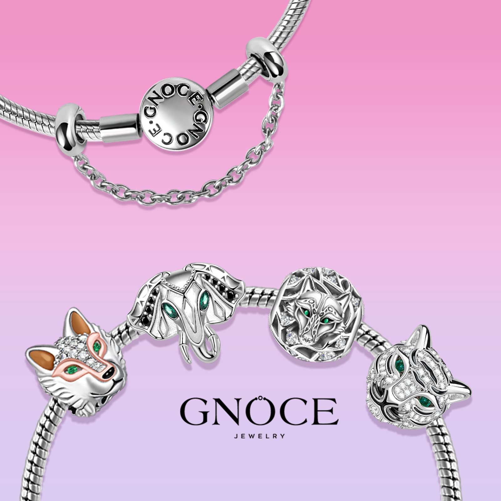 GNOCE Wolf Charm Bead 925 Sterling Silver Inlaid with Crystal Zircon Stons Jewelry Gift For Women Wife Fit Bracelets/Necklace