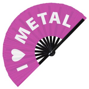 I Love Metal Hand Fan Foldable Bamboo Circuit Rave Hand Fans Heart Music Genre Rave Parties Gifts Festival Accessories (Pink)