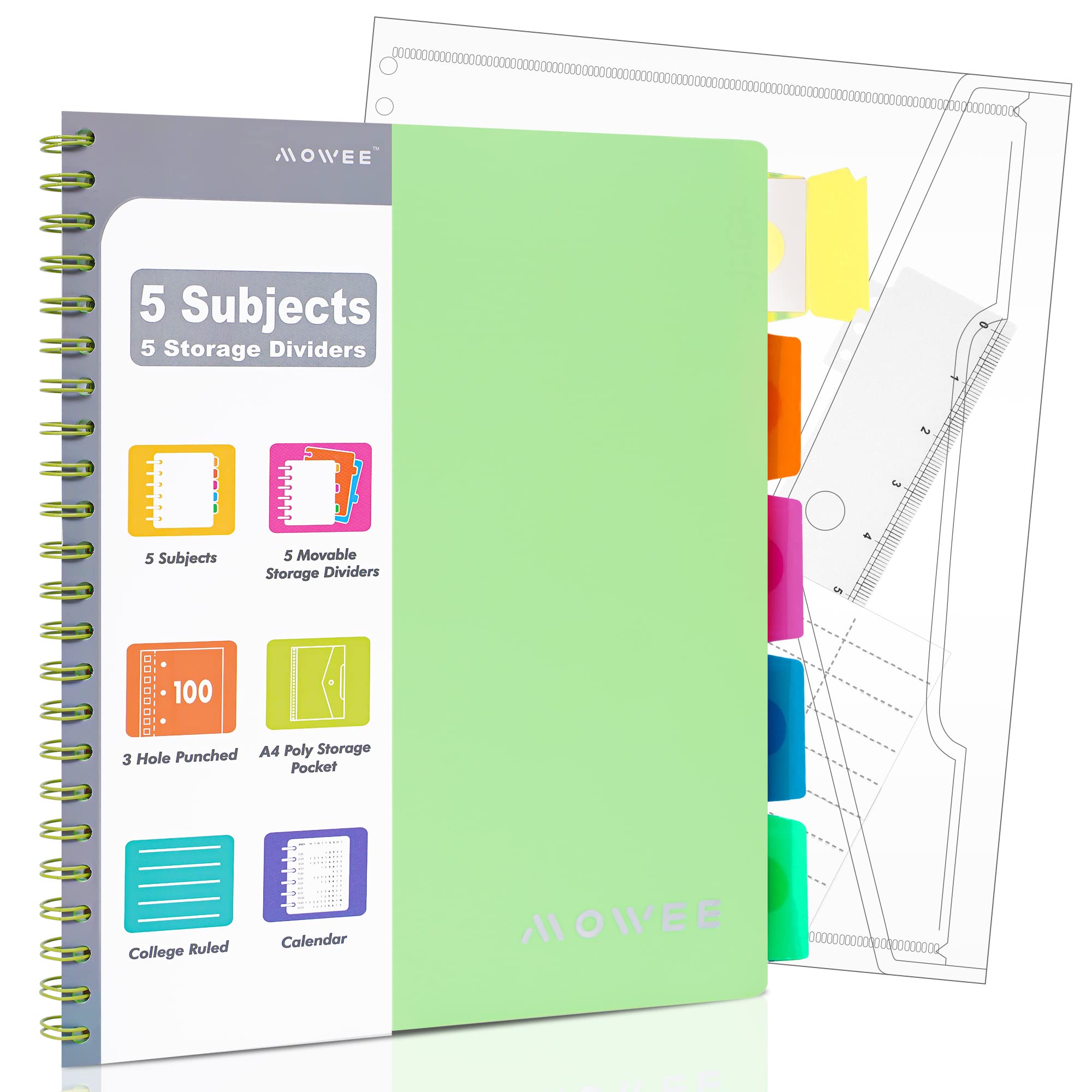 MOWEE Spiral Notebook - 5 Subject Notebook, College Ruled Notebook 3-Hole Punched With Dividers, Storage Pockets, 11" Ruler, 100 Sheets of 200 Pages, for Writing Journal, Home &Office, School