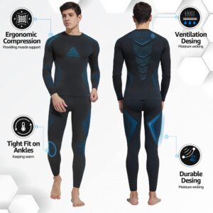 UNIQUEBELLA Thermal Underwear for Men Sets Top Turtle Long Johns Fleece Sweat Quick Drying Thermo Base Layer Blue