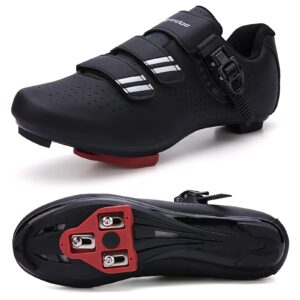 Mens Womens Cycling Shoes Compatible with Pelaton Bike Shoes Road Bike Shoes Riding Pre-Installed with Delta Cleats Clip Indoor Outdoor Pedal Size 10.5 Black