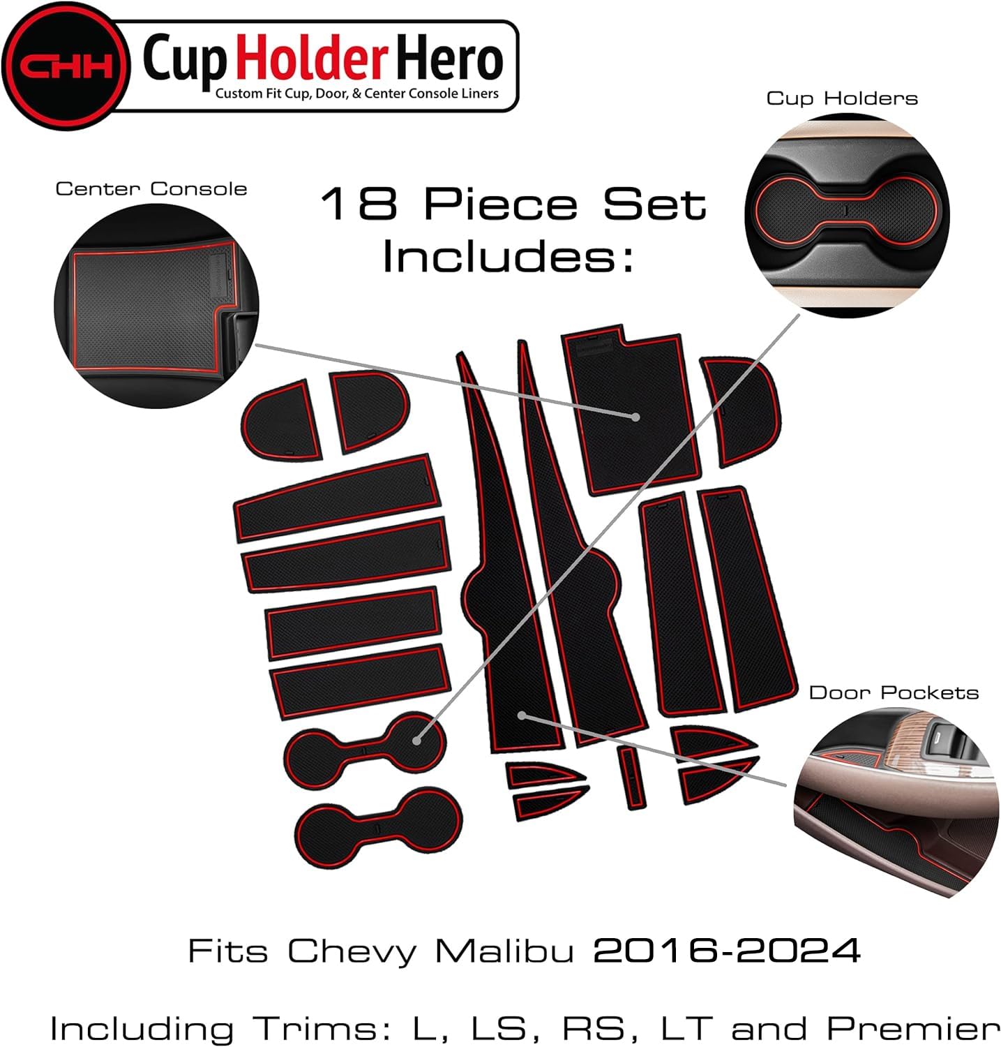 CupHolderHero fits Chevy Malibu Accessories 2016-2024 Premium Custom Interior Non-Slip Anti Dust Cup Holder Inserts, Center Console Liner Mats, Door Pocket Liners 18pc Set (Red Trim)