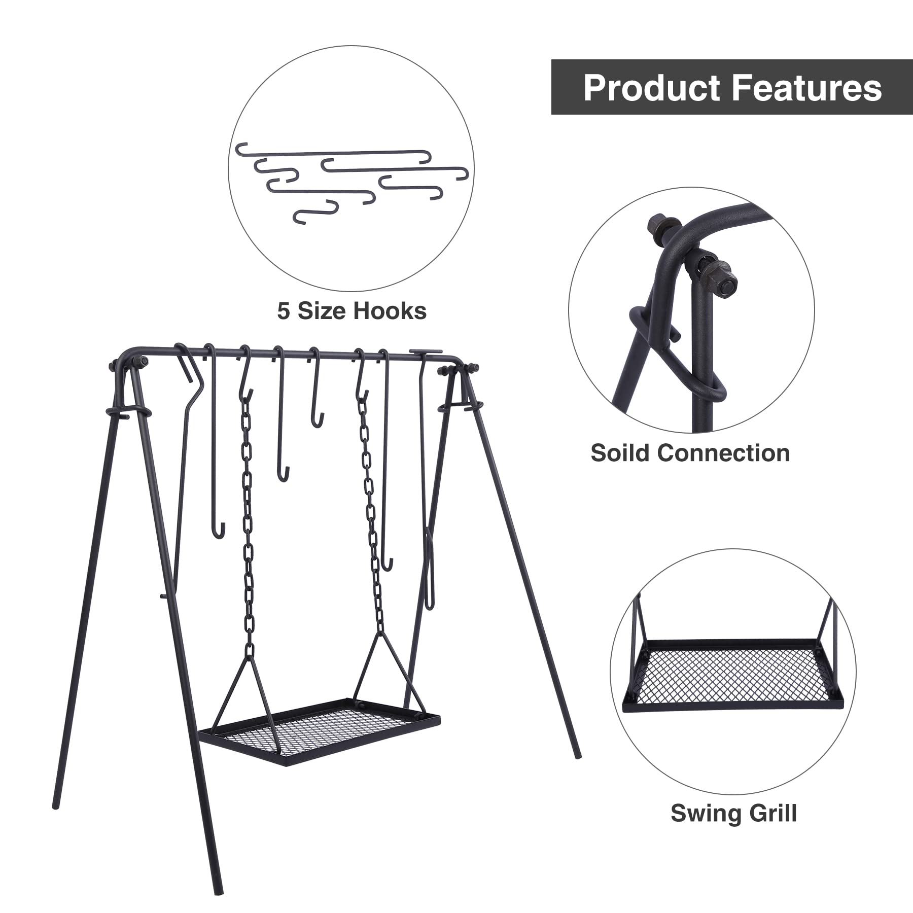 Lineslife Grill Swing Hanging Campfire Cooking Stand with Adjustable Iron Grill Grate, Collapsible Campfire Cooking Rack with Hooks and Accessories for BBQ Picnic, Outdoor Camping Cookware, Dutch Oven