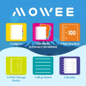 MOWEE Spiral Notebook - 5 Subject Notebook, College Ruled Notebook 3-Hole Punched With Dividers, Storage Pockets, 11" Ruler, 200 Pages, for Writing Journal, Home &Office, School Supplies, A4, Baby