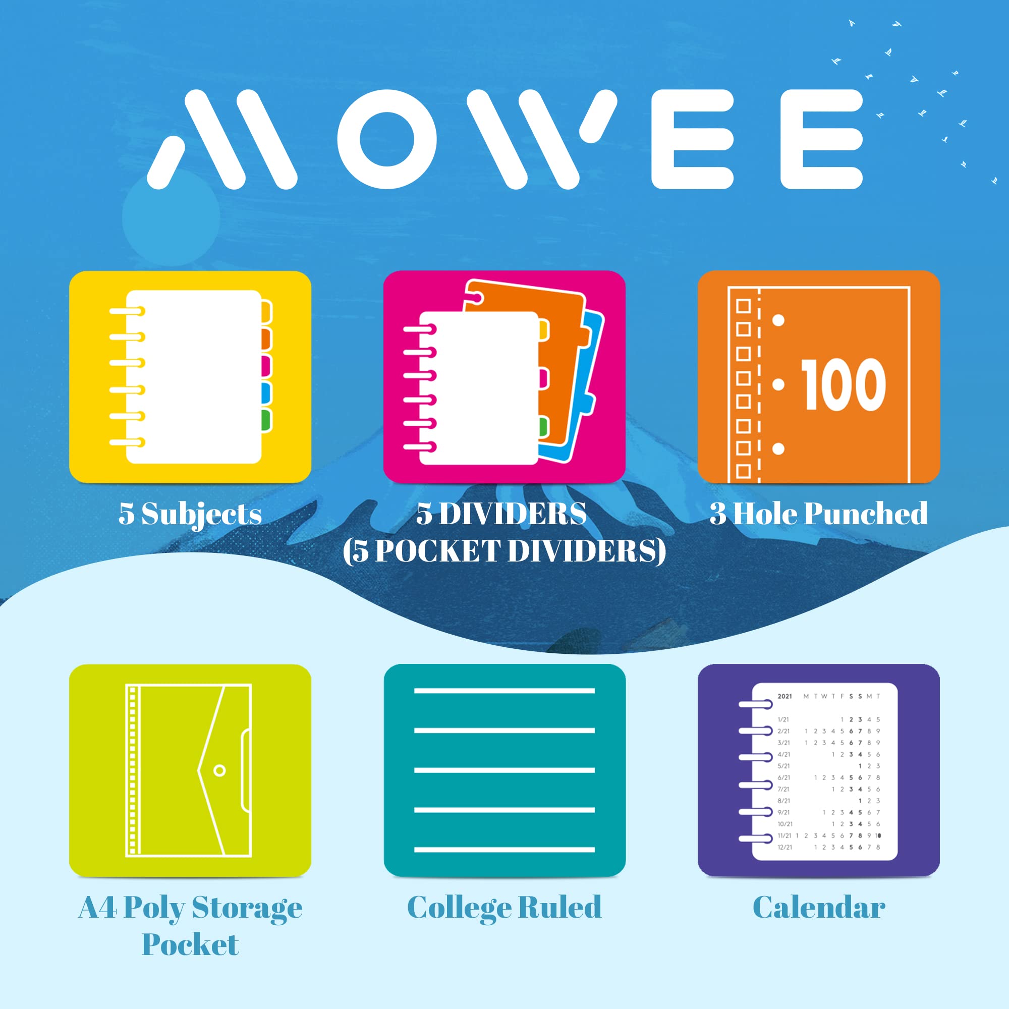 MOWEE Spiral Notebook - 5 Subject Notebook, College Ruled Notebook 3-Hole Punched With Dividers, Storage Pockets, 11" Ruler, 100 Sheets of 200 Pages, for Writing Journal, Home &Office, School