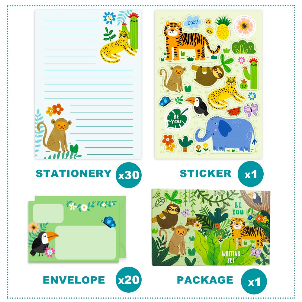 Paper Master Lined Stationary Paper and Envelopes Set for Kids Safari Animal Stationary Set with Lined Letter Writing Paper 30 Sheets + 20 Envelopes, 8.3 x 5.9 Inch of Each Stationary Paper