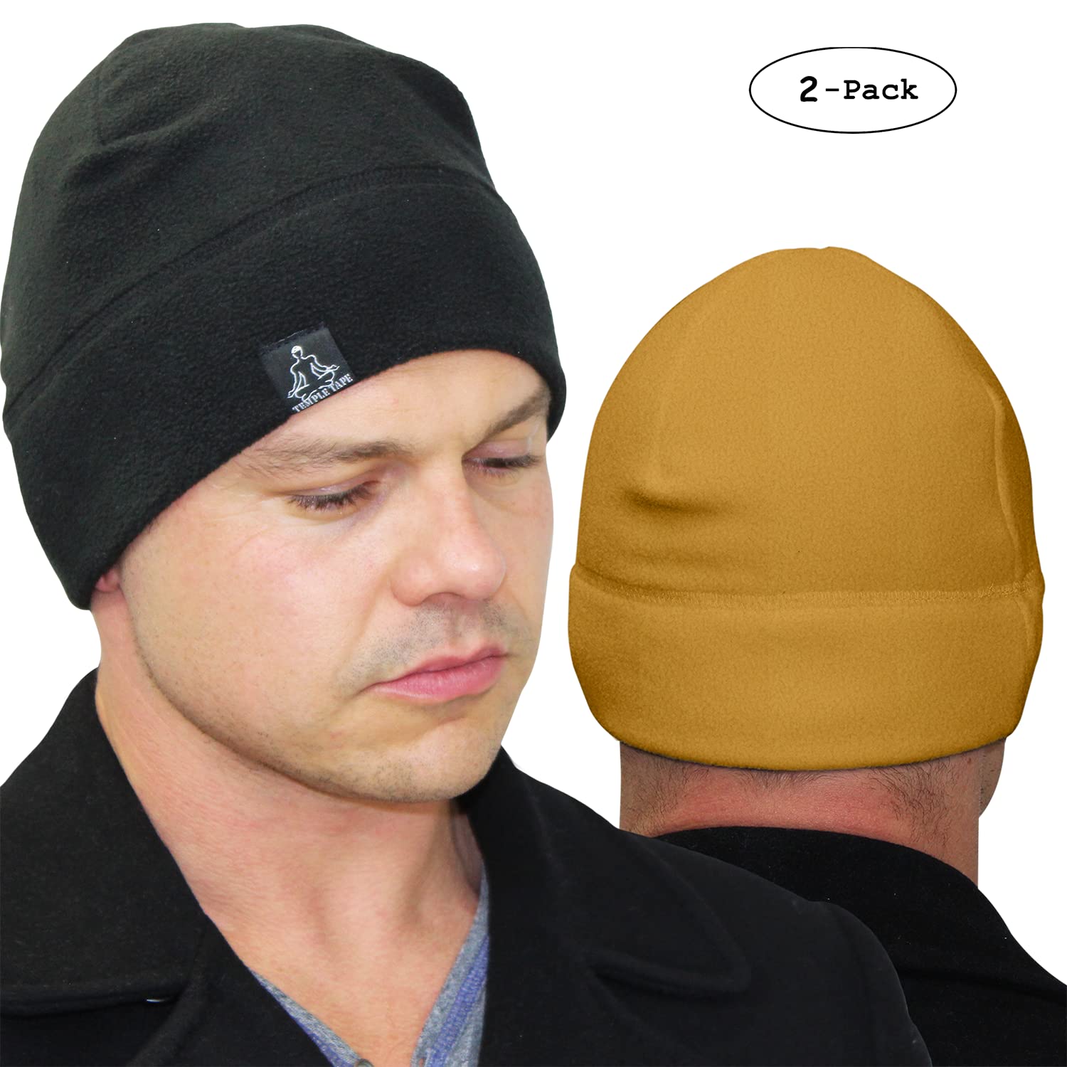 Temple Tape Tactical Fleece Watch Cap Beanie – Skull Cap Fleece Hat - 2 Pack Black/Sand Brown - One Size (Fits Most Heads)