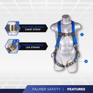 Safety Full Body Construction Harness with 5 Point Adjustment, 3D-Ring, Grommet Legs, and Fall Indicators I OSHA ANSI Roofing Tool Personal Equipment (Blue - Universal)