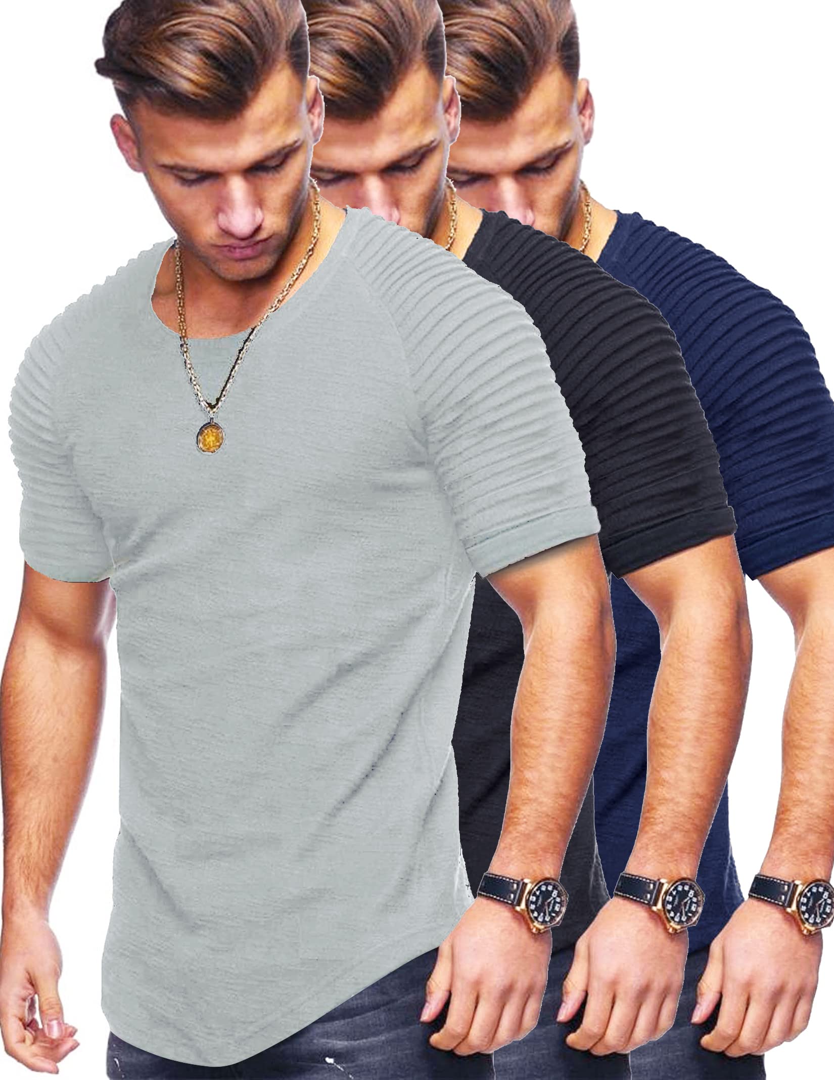 Liberty Imports 3 Pack: Men's Muscle T-Shirt Pleated Raglan Bodybuilding Gym Tee Short Sleeve Fashion Workout Hipster Shirts (Gray/Black/Navy, XX-Large)