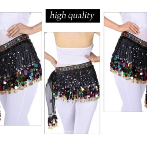 Belly Dance Hip Scarf Black for Women Dancing Costume Coin Belt Skirt (Black) One Size