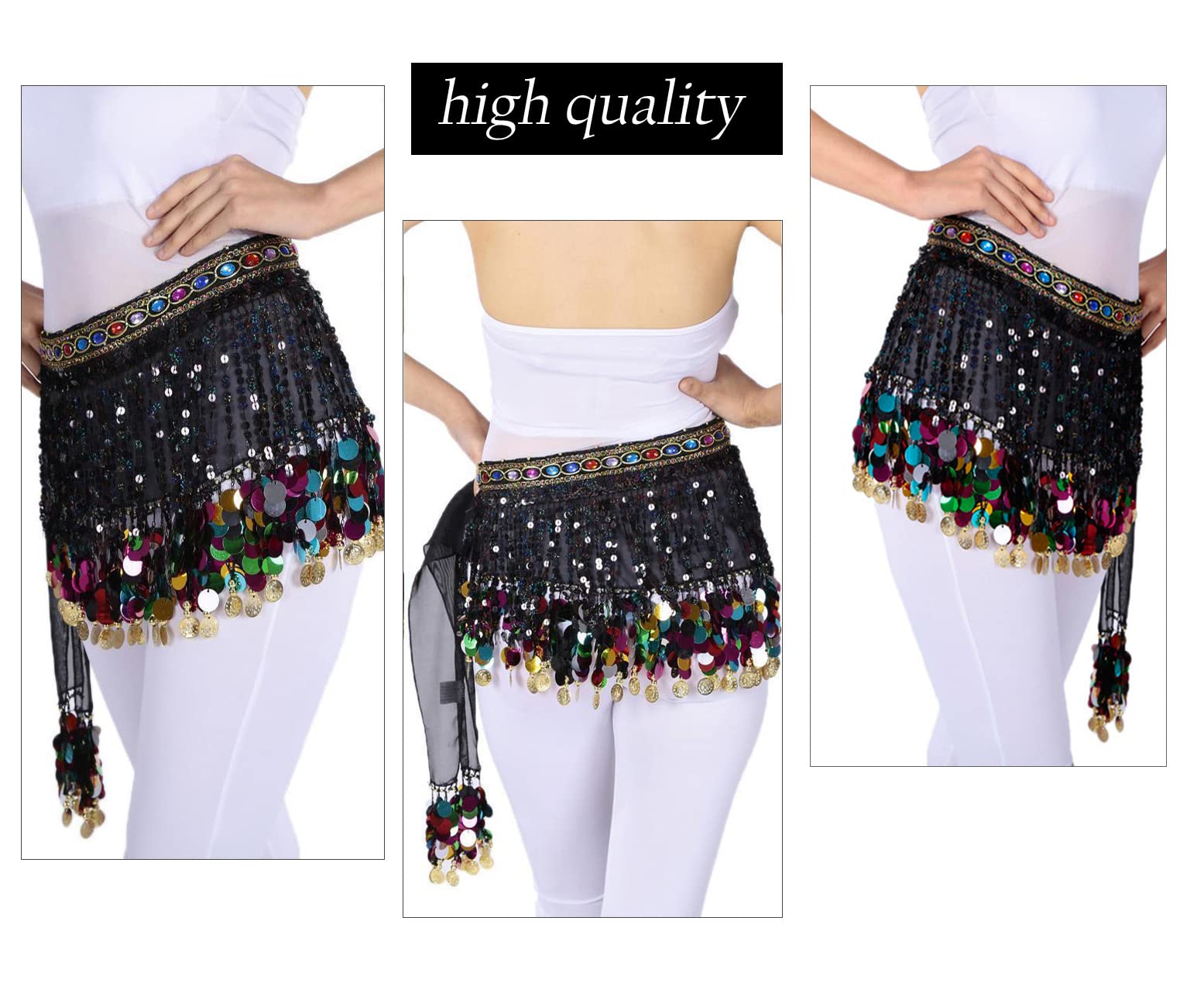 Belly Dance Hip Scarf Black for Women Dancing Costume Coin Belt Skirt (Black) One Size