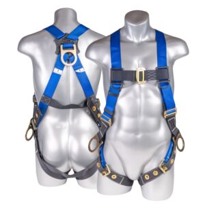 Safety Full Body Construction Harness with 5 Point Adjustment, 3D-Ring, Grommet Legs, and Fall Indicators I OSHA ANSI Roofing Tool Personal Equipment (Blue - Universal)