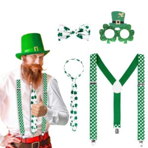 ams st patricks day suspenders accessories decor women/men' s irish green party decorations with a bow-tie,a tie,a pair of glasses (set, green)