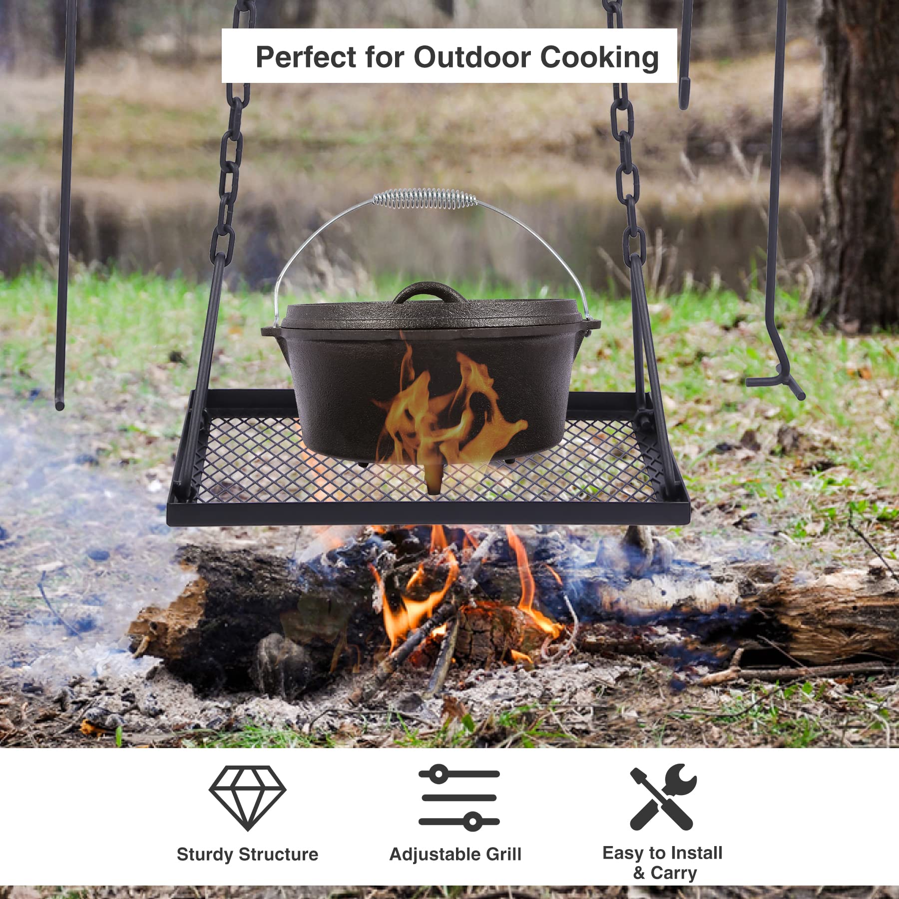 Lineslife Grill Swing Hanging Campfire Cooking Stand with Adjustable Iron Grill Grate, Collapsible Campfire Cooking Rack with Hooks and Accessories for BBQ Picnic, Outdoor Camping Cookware, Dutch Oven