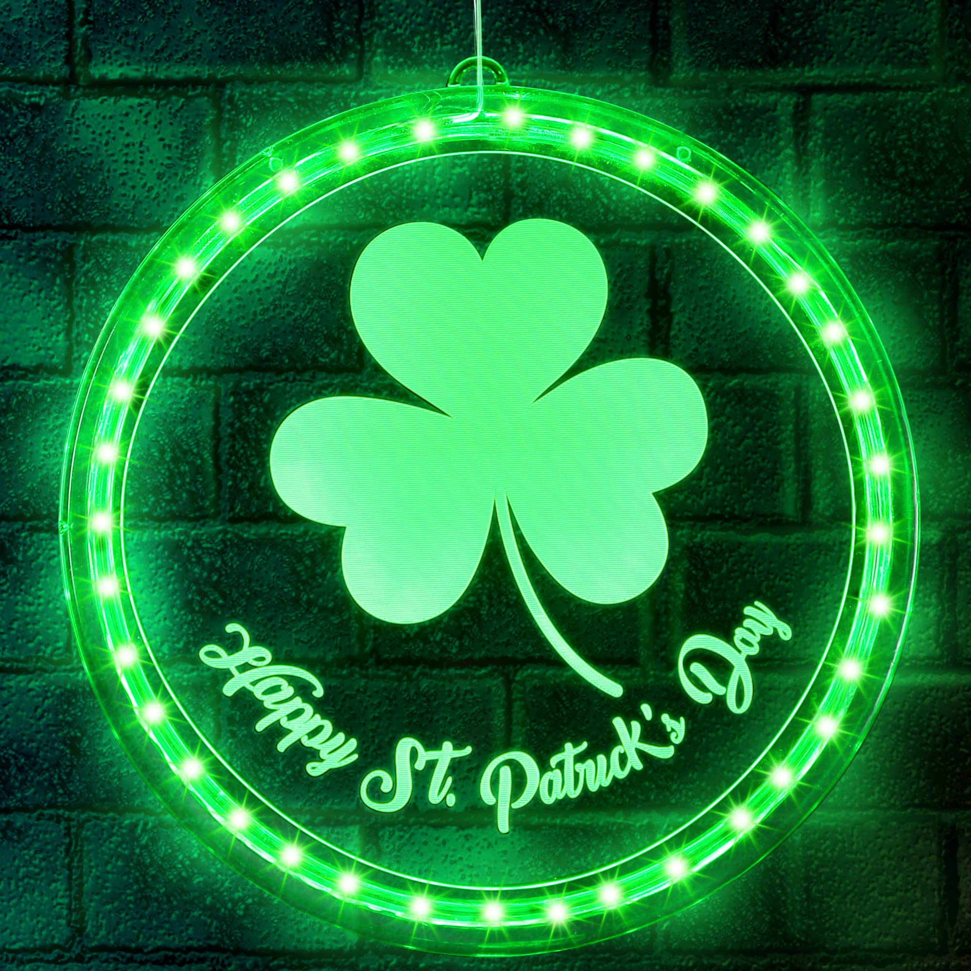 Enhon St. Patrick's Day Clover Window Light Decoration, Backdrop Decorative Saint Patrick Green Light for Windows Pathway Patio Bedroom Party Holiday Wall Decor (Shamrock Style)