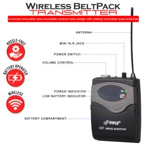 PyleUsa 8 Ch UHF Wireless Microphone System & Rack Mountable Base 4 Handheld MICS 4 Headsets, 4 Belt Packs, 4 Lavelier/Lapel MIC with Independent Volume Controls AF & RF Signal Indicators - PDWM8350