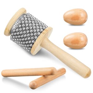 nuanchu 5 pcs wooden hand percussion instrument set mini wooden cabasa with stainless steel breads musical latin instrument classical wood percussion claves rhythm sticks egg shakers for adult