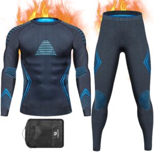 UNIQUEBELLA Thermal Underwear for Men Sets Top Turtle Long Johns Fleece Sweat Quick Drying Thermo Base Layer Blue