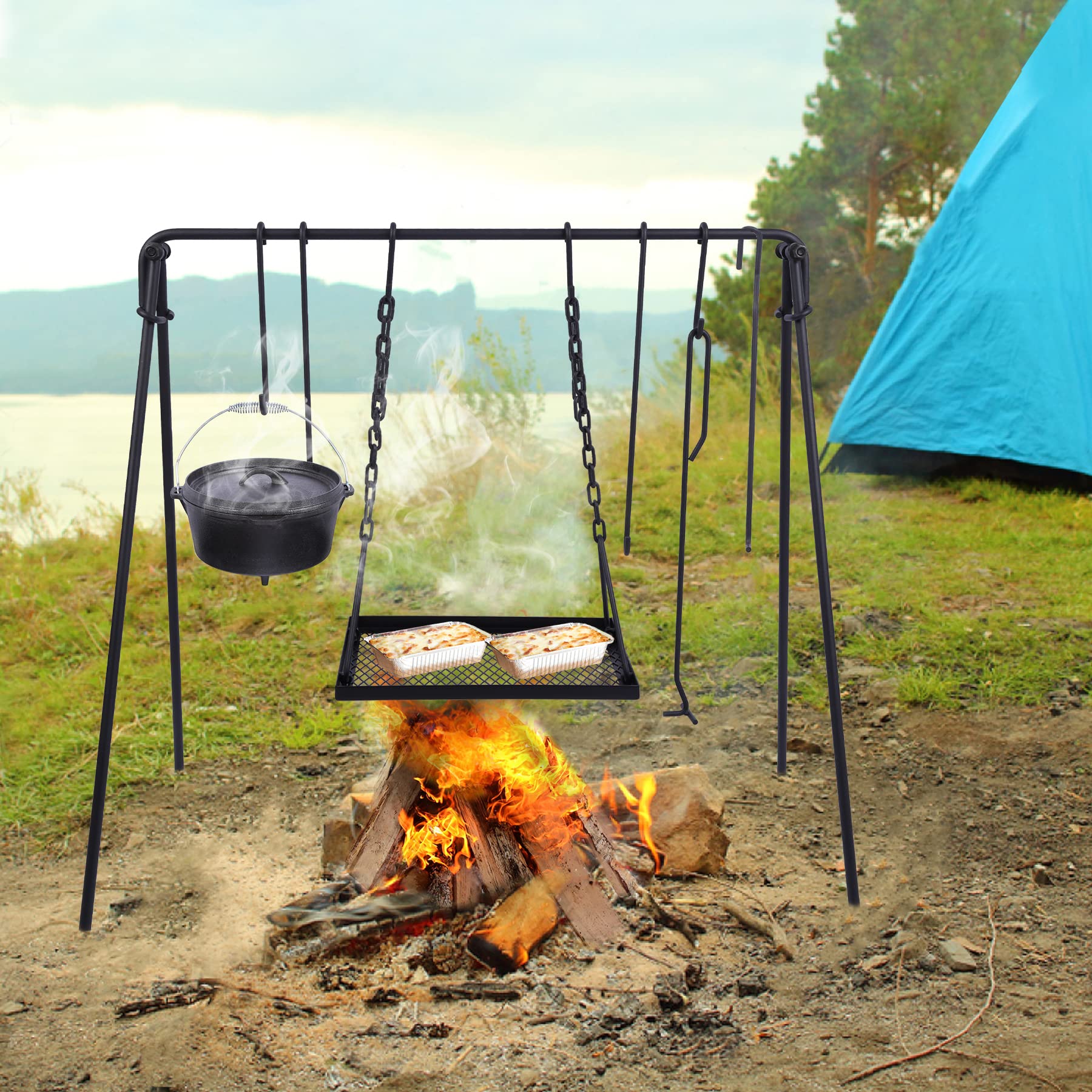 Lineslife Grill Swing Hanging Campfire Cooking Stand with Adjustable Iron Grill Grate, Collapsible Campfire Cooking Rack with Hooks and Accessories for BBQ Picnic, Outdoor Camping Cookware, Dutch Oven