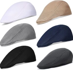 stablerice 4/6 Pieces Men's Mesh Flat Cap Breathable Summer Newsboy Hat for Men Ivy Cap Cabbie Flat Cap Boinas para Hombre (6 Color)