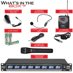 PyleUsa 8 Ch UHF Wireless Microphone System & Rack Mountable Base 4 Handheld MICS 4 Headsets, 4 Belt Packs, 4 Lavelier/Lapel MIC with Independent Volume Controls AF & RF Signal Indicators - PDWM8350