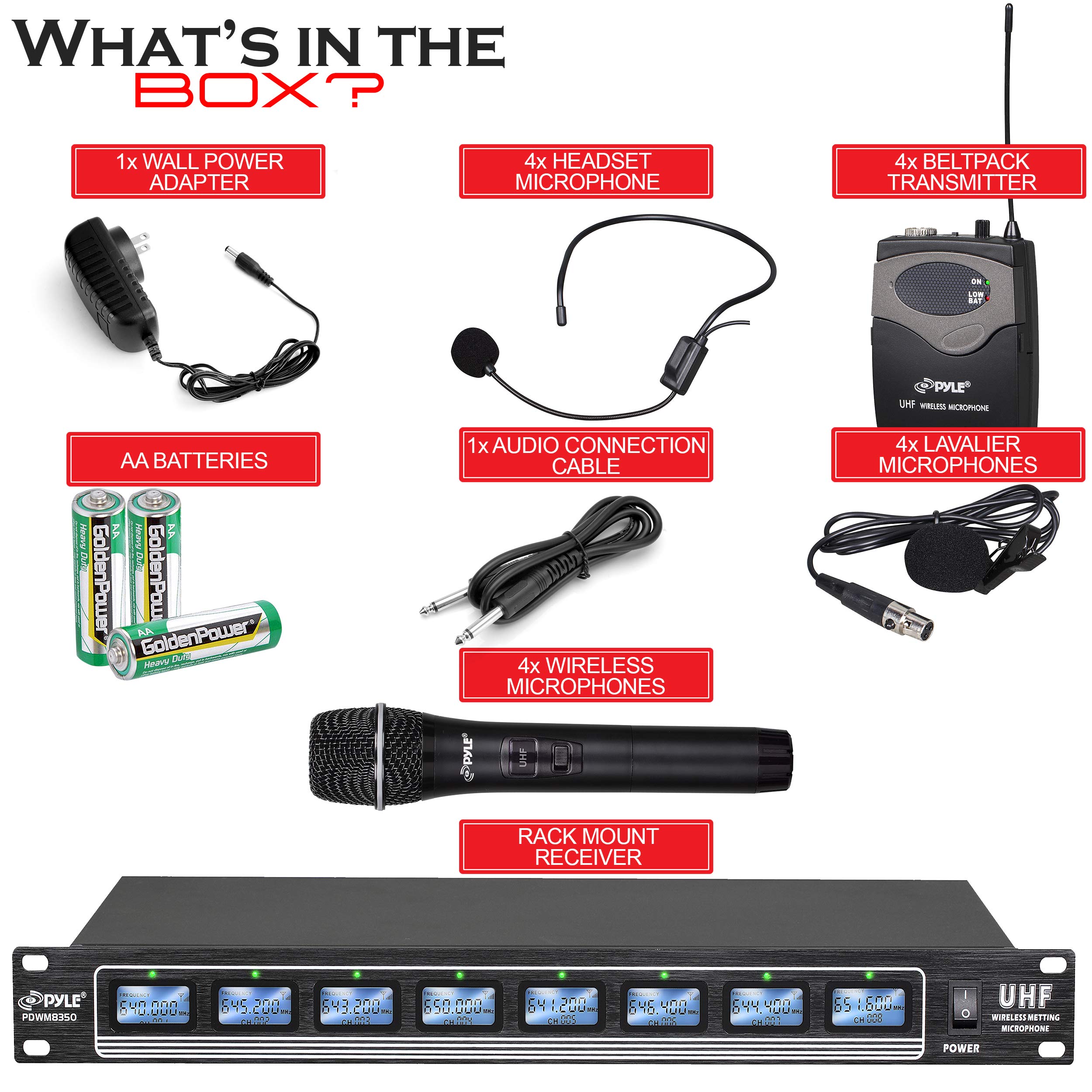 PyleUsa 8 Ch UHF Wireless Microphone System & Rack Mountable Base 4 Handheld MICS 4 Headsets, 4 Belt Packs, 4 Lavelier/Lapel MIC with Independent Volume Controls AF & RF Signal Indicators - PDWM8350