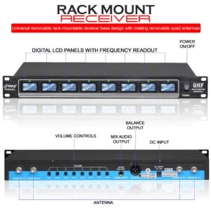 PyleUsa 8 Ch UHF Wireless Microphone System & Rack Mountable Base 4 Handheld MICS 4 Headsets, 4 Belt Packs, 4 Lavelier/Lapel MIC with Independent Volume Controls AF & RF Signal Indicators - PDWM8350