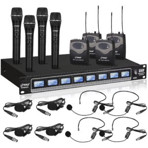 pyleusa 8 ch uhf wireless microphone system & rack mountable base 4 handheld mics 4 headsets, 4 belt packs, 4 lavelier/lapel mic with independent volume controls af & rf signal indicators - pdwm8350