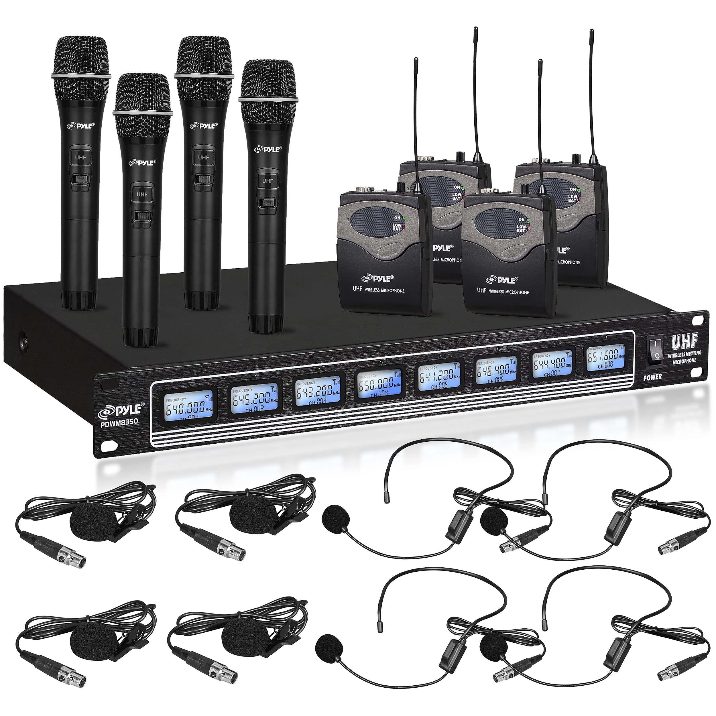 PyleUsa 8 Ch UHF Wireless Microphone System & Rack Mountable Base 4 Handheld MICS 4 Headsets, 4 Belt Packs, 4 Lavelier/Lapel MIC with Independent Volume Controls AF & RF Signal Indicators - PDWM8350