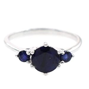 Three Stone Natural Blue Sapphire 7 MM Round Cut 925 Sterling Silver September Birthstone Cluster Unisex Proposal Ring Girlfriend Gift For Valentine Day (Rhodium Plated Silver, 6)