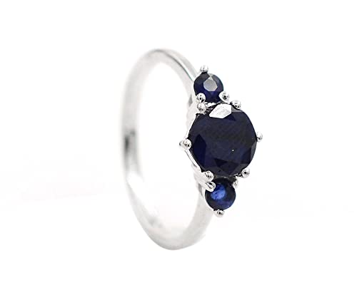 Three Stone Natural Blue Sapphire 7 MM Round Cut 925 Sterling Silver September Birthstone Cluster Unisex Proposal Ring Girlfriend Gift For Valentine Day (Rhodium Plated Silver, 6)