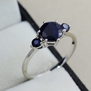 Three Stone Natural Blue Sapphire 7 MM Round Cut 925 Sterling Silver September Birthstone Cluster Unisex Proposal Ring Girlfriend Gift For Valentine Day (Rhodium Plated Silver, 6)