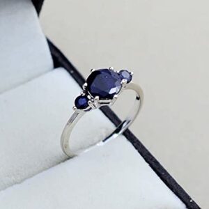 Three Stone Natural Blue Sapphire 7 MM Round Cut 925 Sterling Silver September Birthstone Cluster Unisex Proposal Ring Girlfriend Gift For Valentine Day (Rhodium Plated Silver, 6)