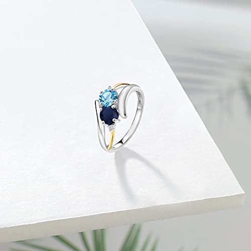 925 Sterling Silver and 10K Yellow Gold Swiss Blue Topaz Blue Sapphire and White Lab Grown Diamond 2 Stone Crossover Ring For Women (1.27 Cttw, Gemstone Birthstone, Available In Size 5, 6, 7, 8, 9)