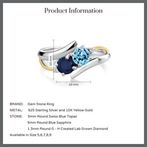 925 Sterling Silver and 10K Yellow Gold Swiss Blue Topaz Blue Sapphire and White Lab Grown Diamond 2 Stone Crossover Ring For Women (1.27 Cttw, Gemstone Birthstone, Available In Size 5, 6, 7, 8, 9)