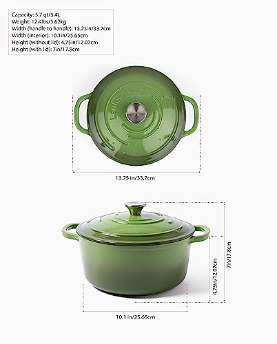 Larder & Vine Enameled Cast Iron Dutch Oven with Lid - Oversized Handles, Dome Lid, Dutch Oven for Sourdough Bread Making – 5.7QT/5.4L - (Okra)