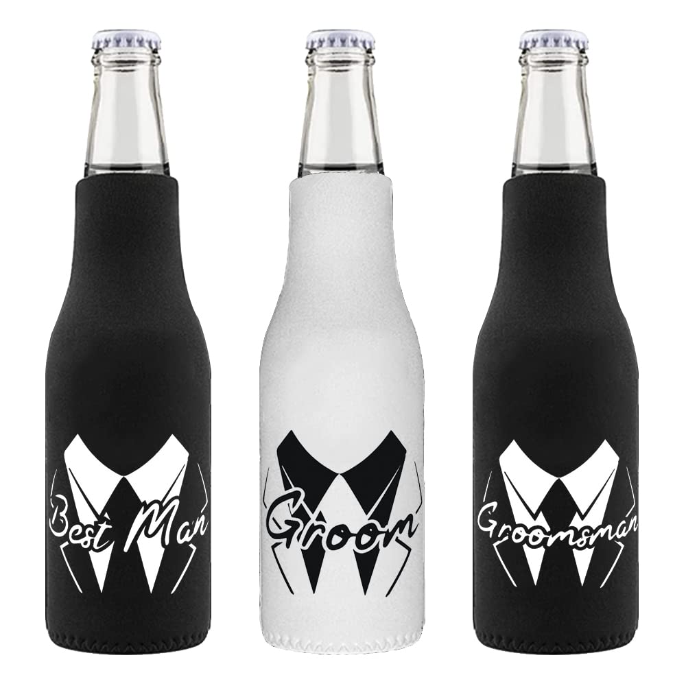 LADY & HOME Set of 7 Bachelor Party Bottle Cooler,Groom and Groomsman Beer Bottle Sleeve,Collapsible Can Holder for Bachelor (Black-Bottle-Squiggles)