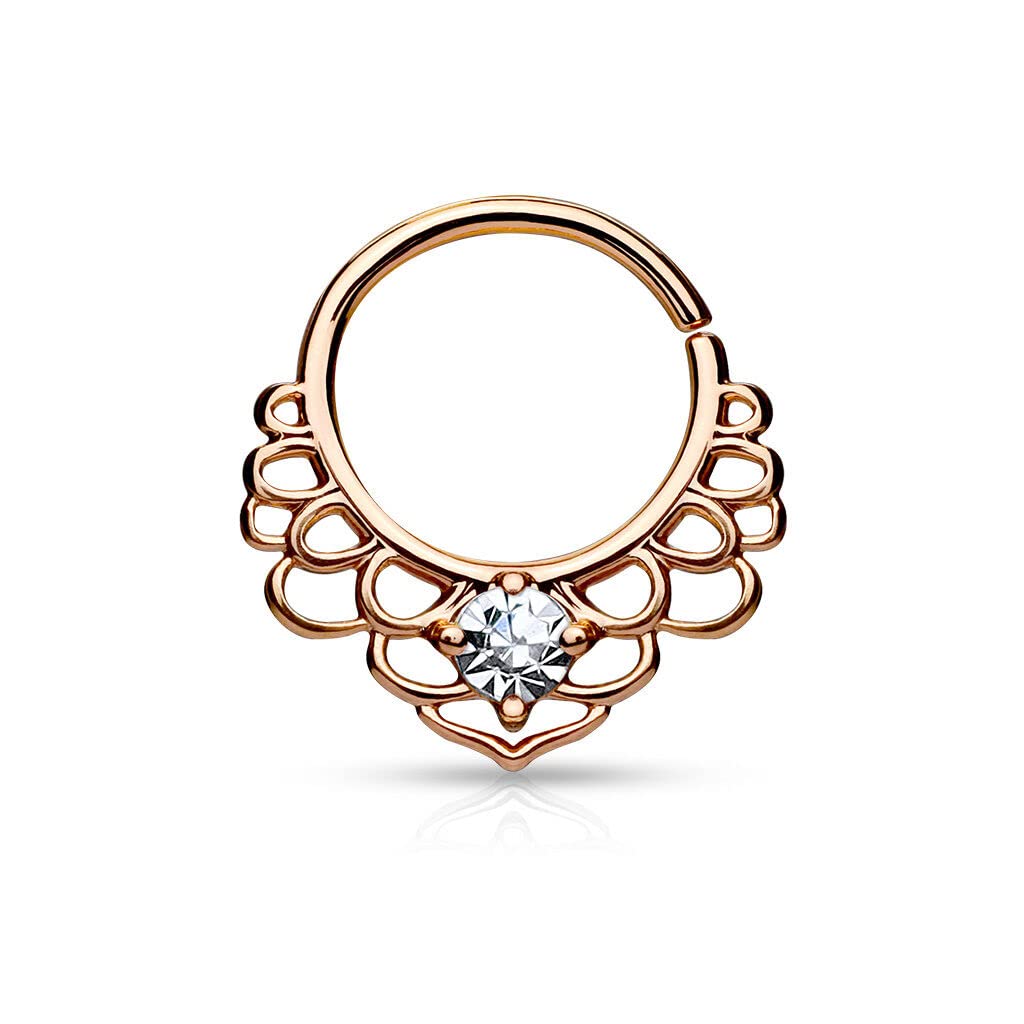 Rose Gold IP CZ Tribal Lotus Filigree Bendable Cartilage Septum Rings - Rose Gold