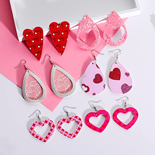 Valentine's Day Leather Earrings for Women Lightweight Faux Leather Teardrop Dangle Earrings Heart-Shaped Print Drop Earrings Set Valentine Day Gift for Girlfriend