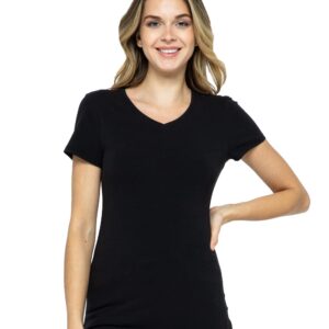 Women's Basic Solid Active Soft Cotton Short Sleeve V Neck Slim Fitted Top T-Shirts in Black - M