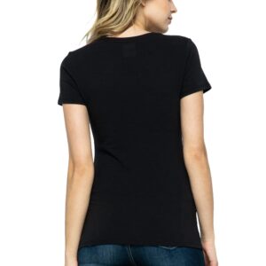 Women's Basic Solid Active Soft Cotton Short Sleeve V Neck Slim Fitted Top T-Shirts in Black - M