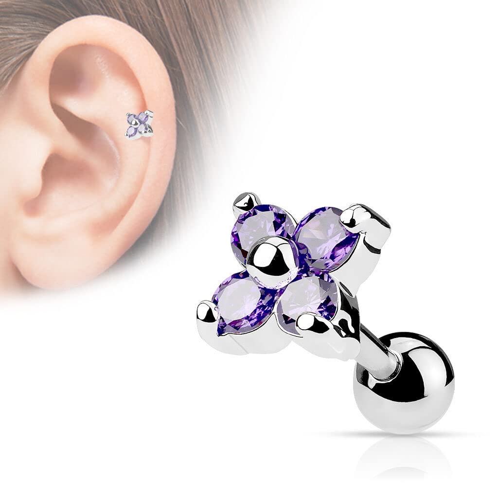 Flower CZ Surgical Steel Helix Tragus Cartilage Barbell Stud Earring Piercing - Purple