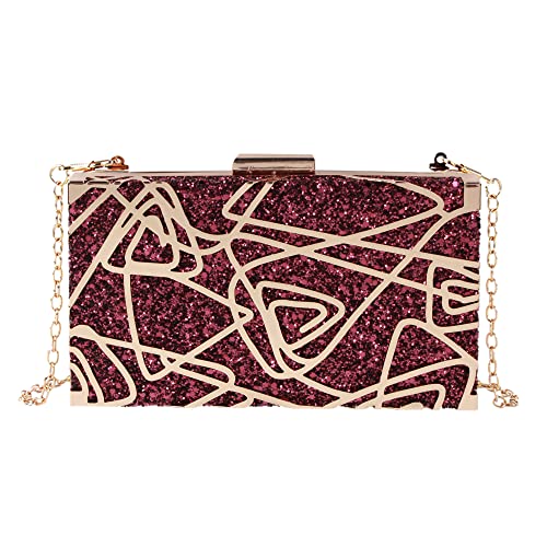 Reberomantic Women Metal Handbag Chain Geometric Evening Clutch Purse (W-Dark Red)