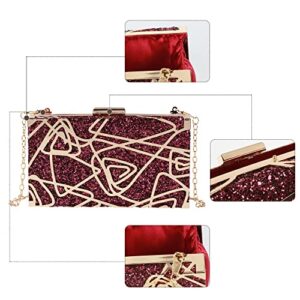 Reberomantic Women Metal Handbag Chain Geometric Evening Clutch Purse (W-Dark Red)